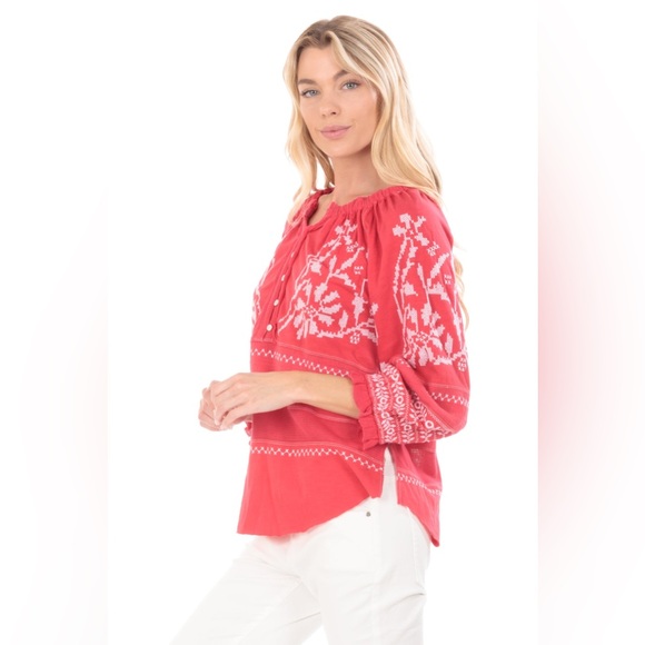 AP.NY Embroidered Mix Media Peasant Top in Geranium Size Large - Picture 3 of 4